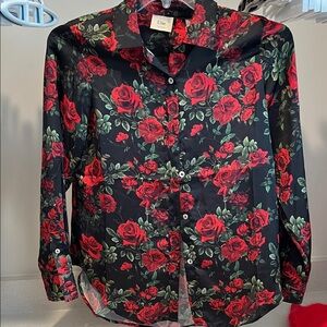 Tahari Black and Red Floral Blouse